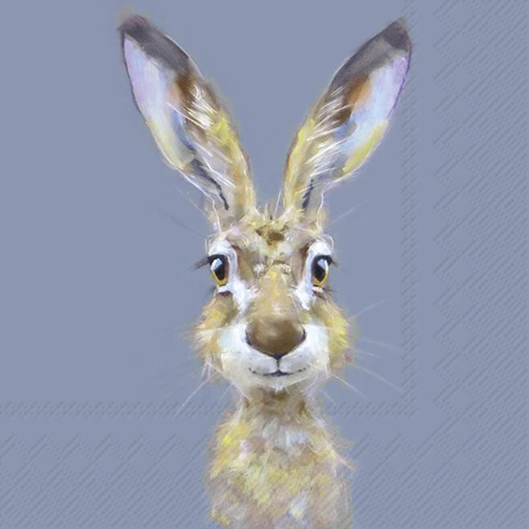 Papierserviette „Rabbit Buster“ mit Hasenmotiv auf blauem Hintergrund
