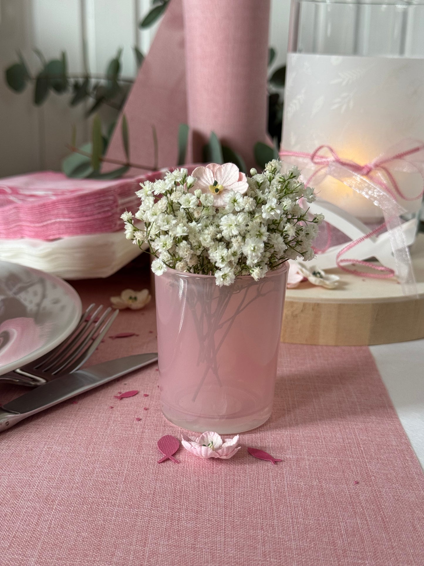 Konfirmation Tischdeko Rosé Pink Komplettset für 10 Personen – Fischmotiv, Kerzenglas, Servietten, Tischläufer, Streudeko