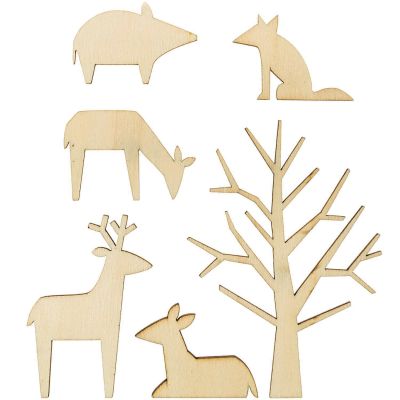 Fuchs, Wildschwein, Reh, Hirsch und Baum aus Holz zum Bemalen