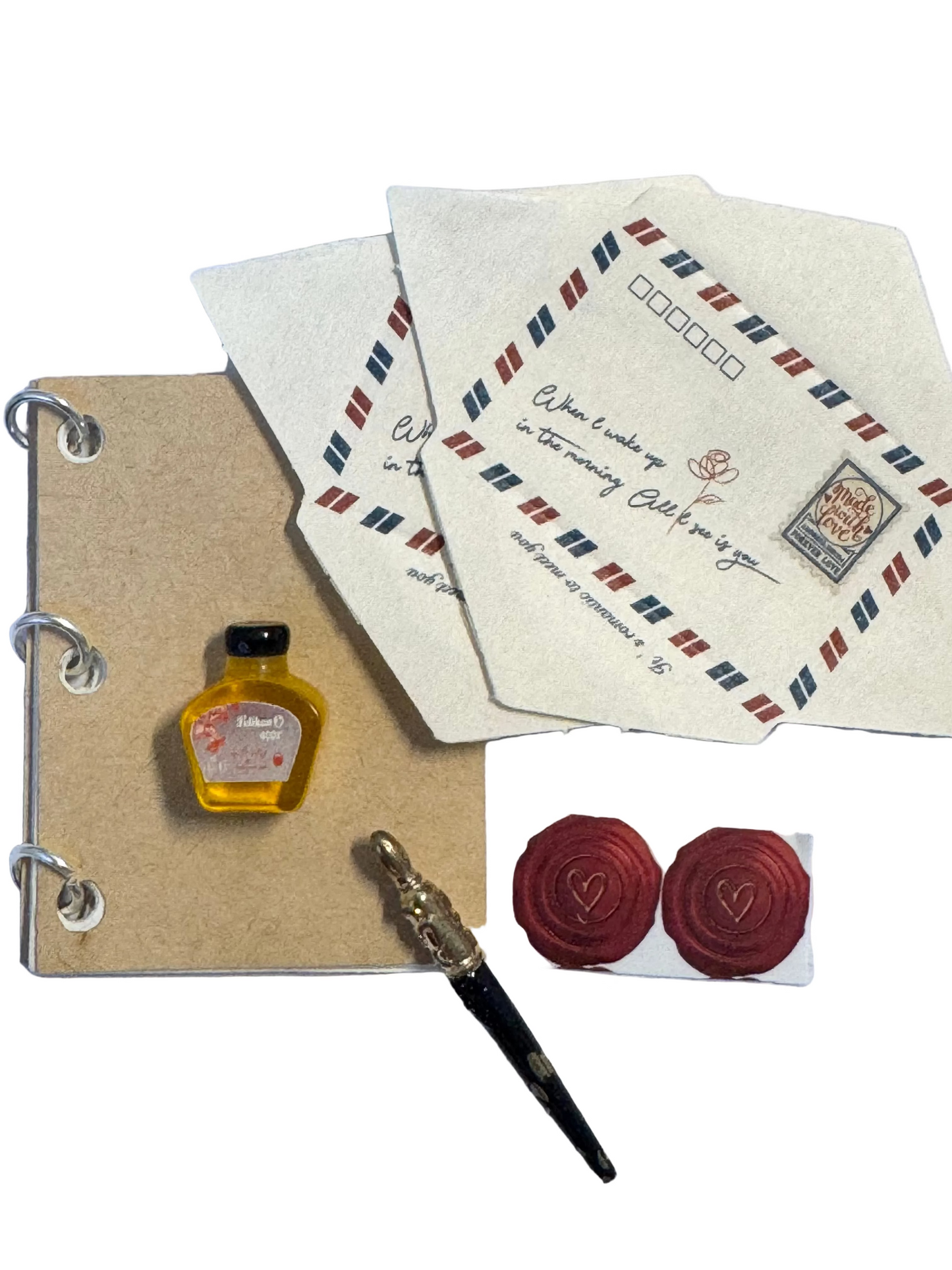 Mini Schreibset für Wichteltür und Puppenhaus - Federhalter - Tintenfass - Umschläge und Papier