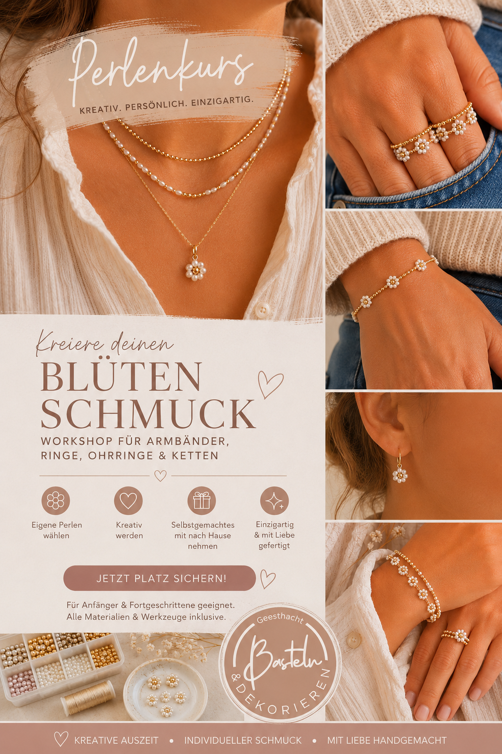 kreativer Perlenkurs in Geesthacht. Teilnehmer gestalten individuellen Blütenschmuck. Armbänder, Ketten, Ohrringe und Ringe aus Perlen