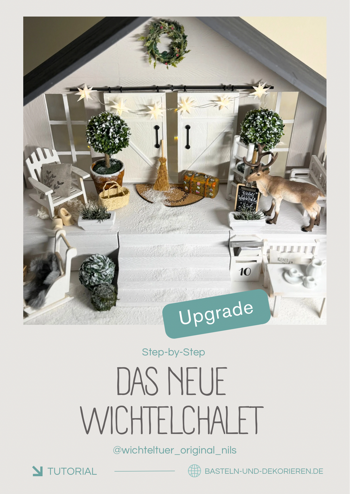 Wichtelhaus aus Holz mit Terrasse und Schiebetür-Bastelset im Chalet-Stil