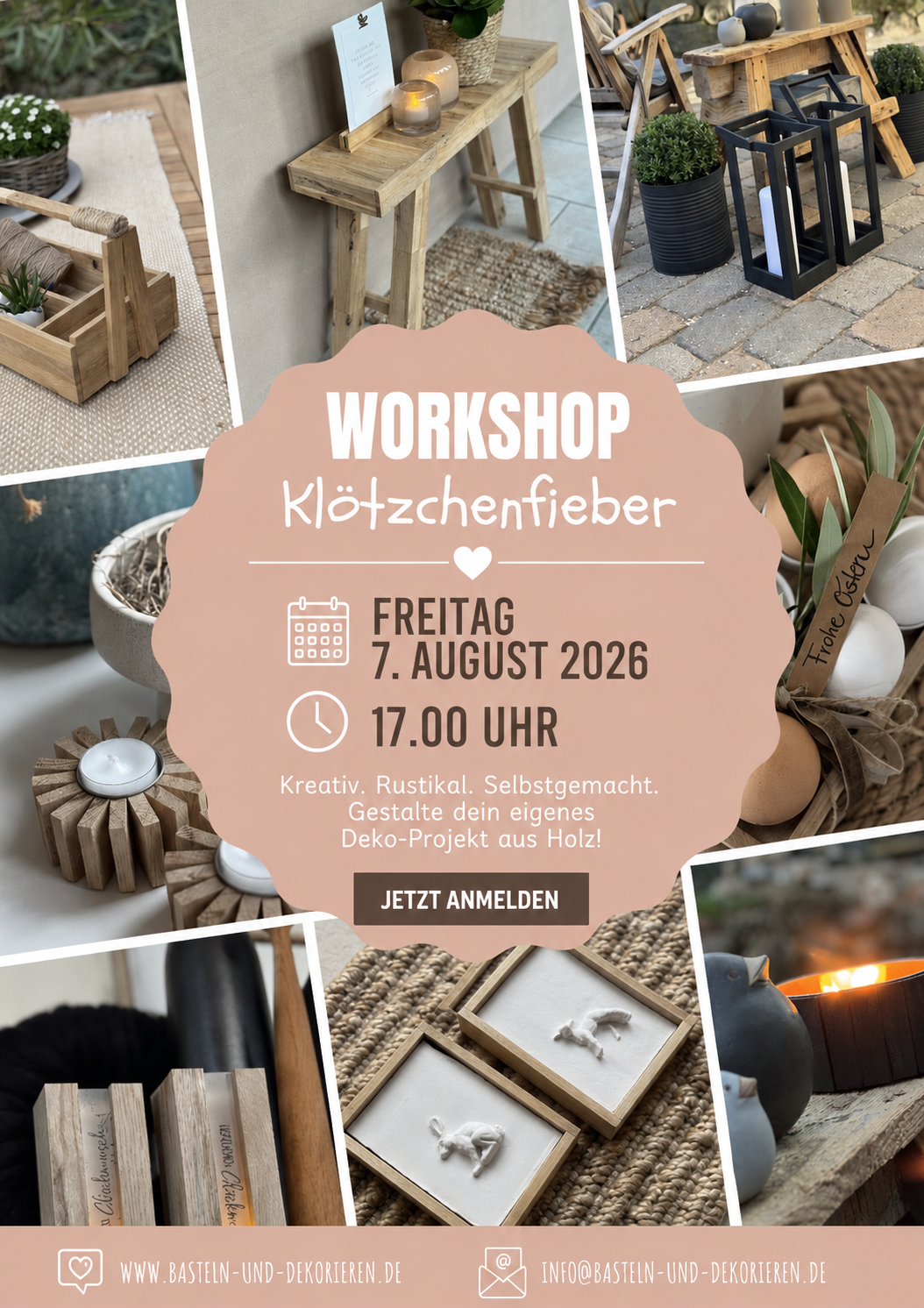 Workshop Kloetzchenfieber am 07.August 2026 in Geesthacht - kreativer DIY-Workshop bei Basteln & Dekorieren mit rustikalen Dekorationsideen aus Holz